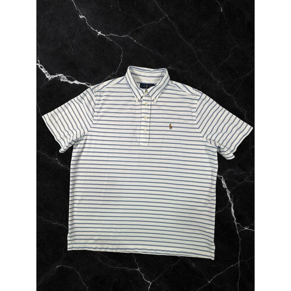 Ralph Lauren Knit Oxford Men's XL Striped Polo White Blue Cotton Custom Fit